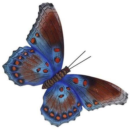 Set van 2x stuks tuindecoratie muur/wand vlinders van metaal in bruin en blauw tinten 44 x 31 cm