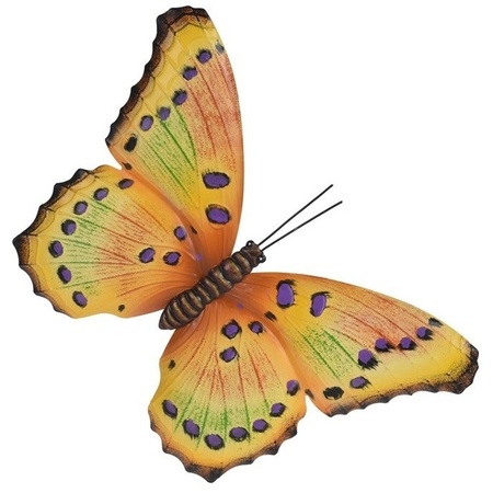 Set van 2x stuks tuindecoratie muur/wand vlinders van metaal in geel/paars en roestbruin 35 x 24 cm