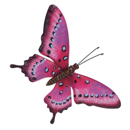 Set van 2x stuks tuindecoratie muur/wand vlinders van metaal in roze en bruin tinten 44 x 31 cm