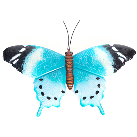 Set van 2x stuks tuindecoratie muur/wand vlinders van metaal in blauw en wit/blauw tinten 48 x 30 cm