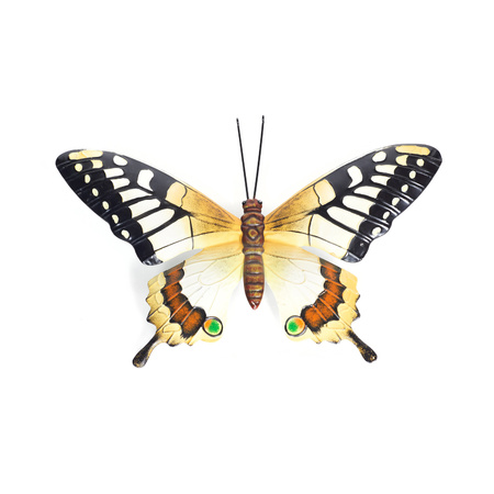 Geel/zwarte metalen tuindecoratie vlinder 37 cm
