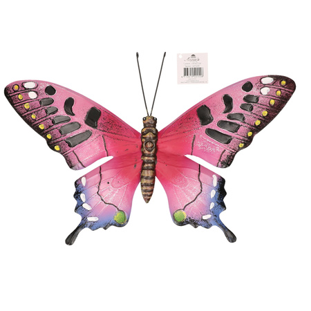 Roze/zwarte metalen tuindecoratie vlinder 37 cm