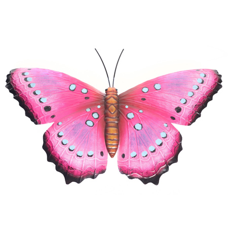 Set van 2x stuks tuindecoratie muur/wand vlinders van metaal in roze en geel tinten 48 x 30 cm