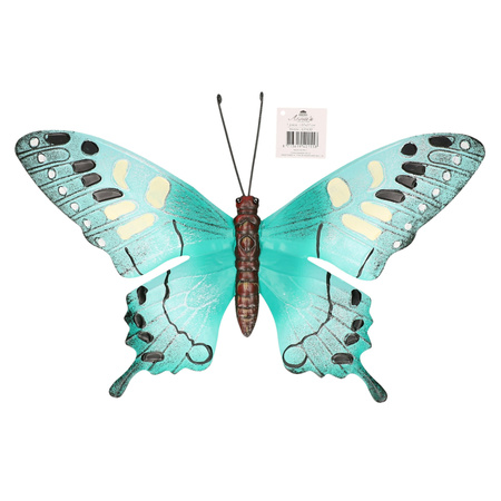 Turquoise blauw/zwarte metalen tuindecoratie vlinder 37 cm