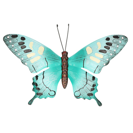 Turquoise blauw/zwarte metalen tuindecoratie vlinder 37 cm