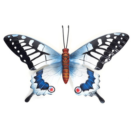 Zwart/blauwe metalen tuindecoratie vlinder 37 cm