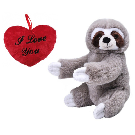 Valentijn Love cadeau set - Knuffel Luiaard met rood Love you hartje 10 cm