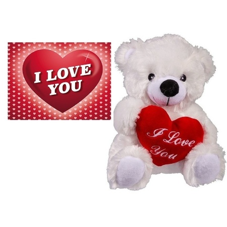 White plush bear with red heart 22 cm and valentines card