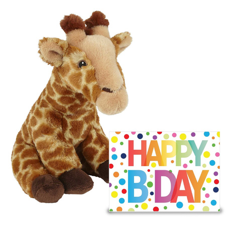 Knuffel giraffe 23 cm cadeau sturen met XL Happy Birthday wenskaart