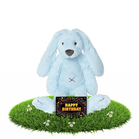Verjaardagscadeau knuffel konijn/haas blauw 28 cm met gratis wenskaart
