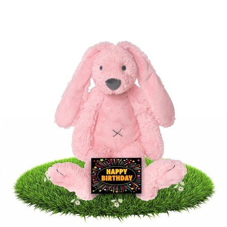 Verjaardagscadeau knuffel konijn/haas 28 cm roze met gratis wenskaart