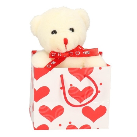 White plush bear with red shawl 10 cm