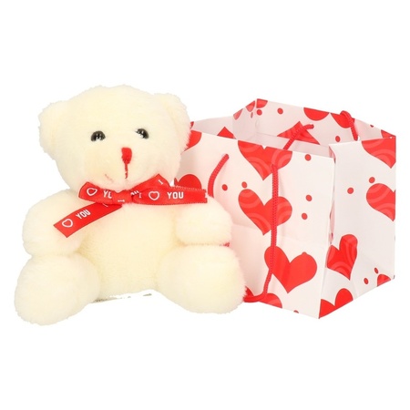 White plush bear with red shawl 10 cm