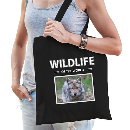 Katoenen tasje Wolven zwart - wildlife of the world Wolf cadeau tas
