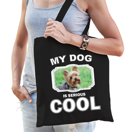 Katoenen tasje my dog is serious cool zwart - Yorkshire terrier honden cadeau tas